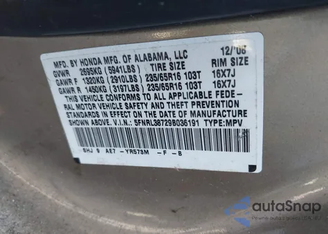 2009 Honda Odyssey Exl из США, поврежденный, VIN 5FNRL38729B036191